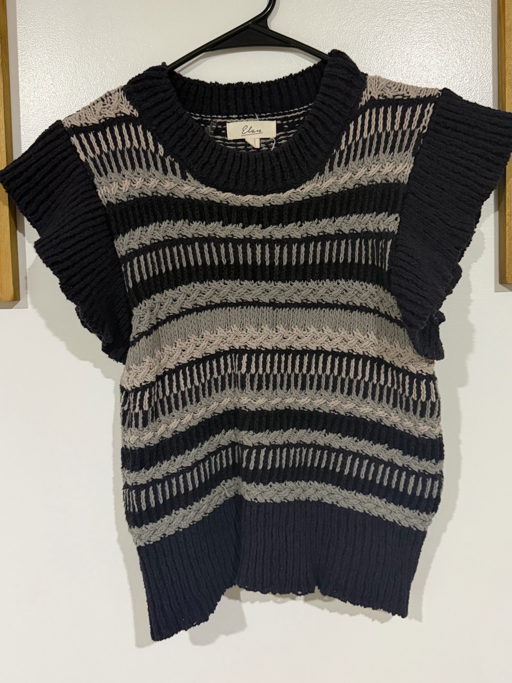 Elan Blue and greyish Striped Open-Knit Short Sleeve Sweater